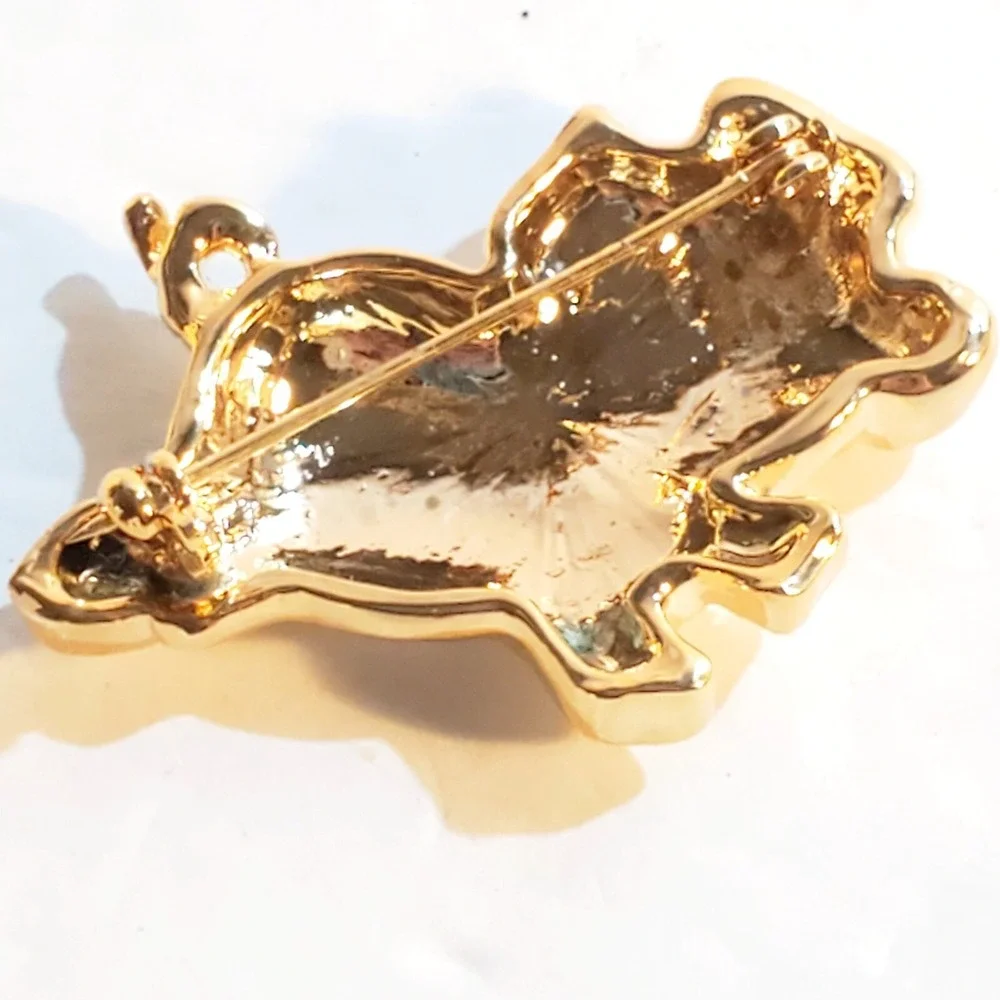 Shiny Gold Tone Green Clear Rhinestones Pig Hog Brooch Pin Farmhouse Animal